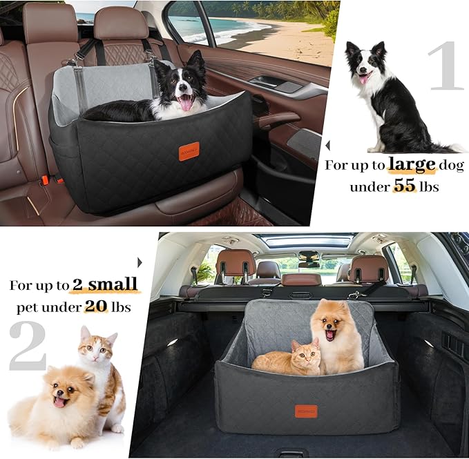 Dog Car Seat for Medium & Large Dogs Up to 55lbs, Memory Foam Cushion, Washable Cover, Safety Straps & Non-Slip Base(Black/Grey,Large)-PawvioPets