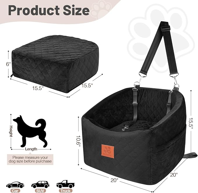 Dog Car Seat for Small Medium Dogs, Memory Foam Booster Car Seat for Dogs up to 35 lbs, Elevated Pet Car Seat, Travel Safety Bed with Washable Removable Cover and Storage Pockets(Black)-PawvioPets