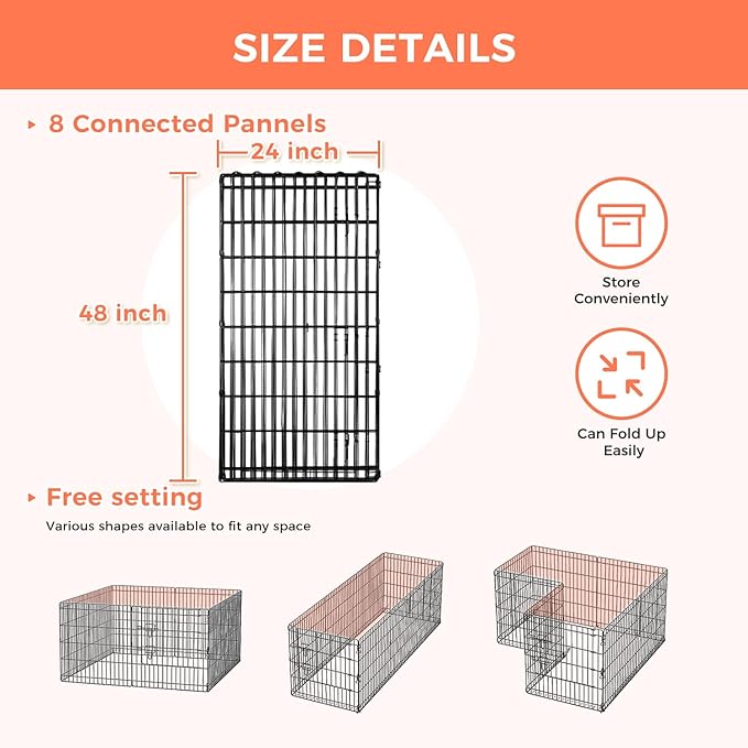 Foldable Dog Playpen 48" Height 8 Panels Metal Exercise Pen No Door - Indoor/Outdoor Dog Play Pen for Medium-Large Dogs, Portable Pet Fence for Yard Garden Camping, Black-PawvioPets