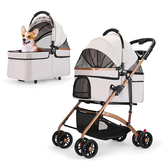 3-in-1 Foldable Pet Stroller for Medium Dogs & Cats (50lbs) - Detachable Carrier, Car Seat, Storage Basket, 5" Lockable Wheels-PawvioPets