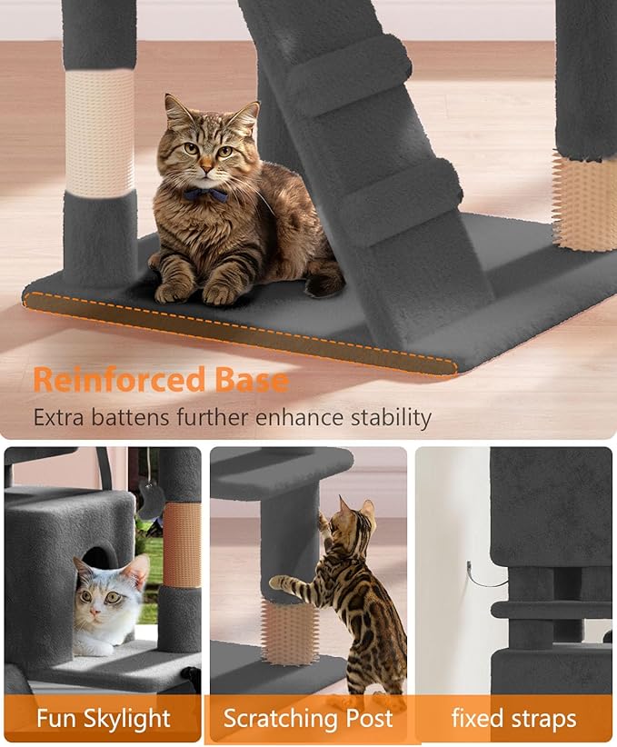 60" Cat Tree Tower for Indoor Cats Large Adult,Cute/Tall Modern Cat Tree for Big Cats 20 lbs, Plush Multi-Level Cat Condo with Scratching Posts,Dangling Ball (Smoky Gray, 60 inch)-PawvioPets