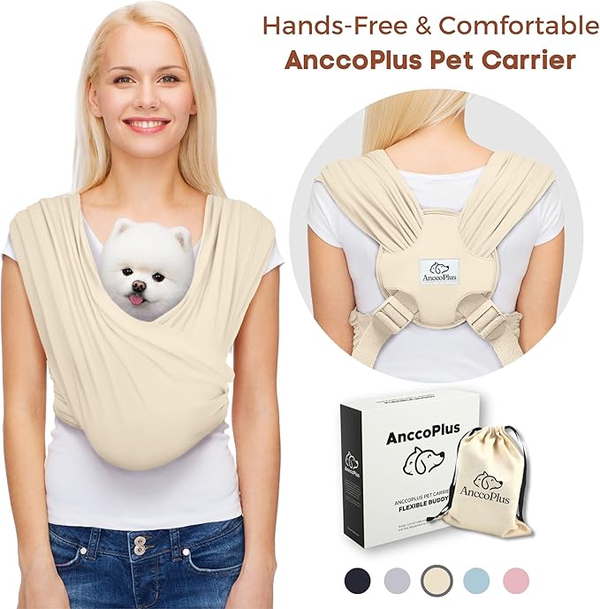 Dog Carriers for Small Dogs, Front Facing Dog Sling Carrier, Hands Free Cat Carrier, Size Adjustable, Reducing Back Pain, Premium Cotton, Safe and Soft Dog Carrier (Plus, Beige)-PawvioPets