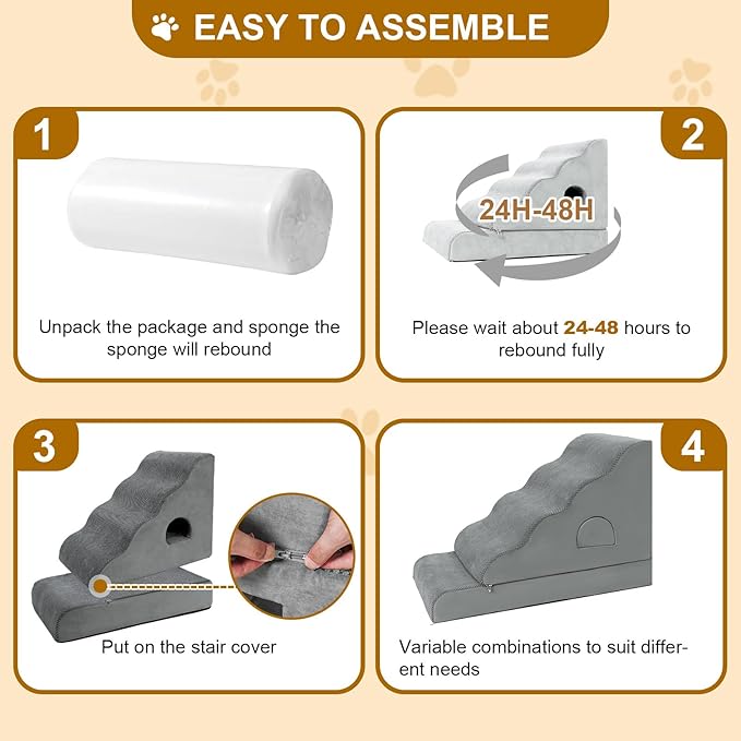 Dog Stairs for Small Dogs 24.6" H, 5-Step Dog Steps for High Bed, High-Density Foam Curved Pet Stairs with Non-Slip Removable Washable Cover to Get on Bed-PawvioPets