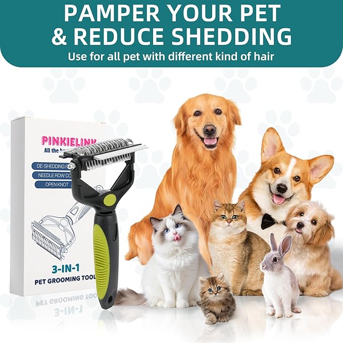 3-IN-1 Pet Grooming Tool - Undercoat Rake, Dematting Comb & Deshedding Brush for Cats & Dogs - Removes Mats, Tangles & Loose Fur, Reduces Shedding & Prevents Hair Mess (Green)-PawvioPets