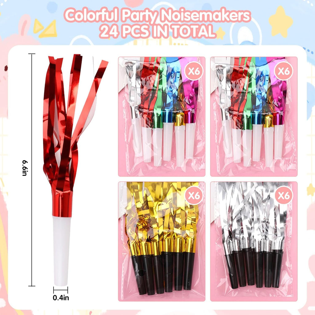 24 Pcs Glitter Noisemakers, Metal Tassel Music Birthday Blowers, Horn Whistles Party Favors Blow Out, Kids New Year's Eve Noisemakers (Color, Gold, Silver)