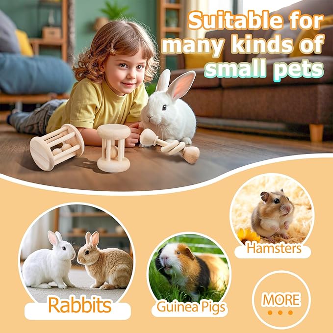 3 Pcs Natural Wooden Bunny Toys, Safe Rabbit Toys for Guinea Pig Chinchillas Hamsters Small Animals Playing Teeth Grinding Indoor Outdoor-PawvioPets