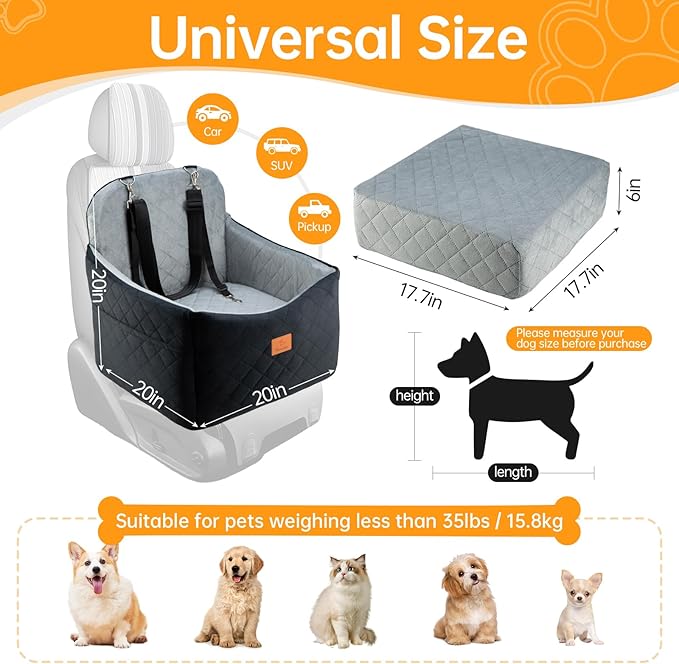 Dog Car Seats for Small/Medium Dogs, FurFrolic Memory Foam Dog Booster Seat for Small Dogs up to 35 lbs, Travel Pet Car Seat with Washable Detachable Cover, Storage Pockets, 2 Safety Belts, Black Gray-PawvioPets