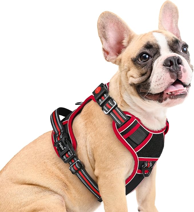 Eagloo Dog Harness Medium Sized, Easy Wearing with 3 Buckles, Adjustable No Pull Pet Harness with 2 Rings for Walking, No Chock Reflective Soft Padded Vest with Control Handle, Black & Red, M-PawvioPets