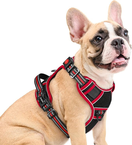 Eagloo Dog Harness Medium Sized, Easy Wearing with 3 Buckles, Adjustable No Pull Pet Harness with 2 Rings for Walking, No Chock Reflective Soft Padded Vest with Control Handle, Black & Red, M-PawvioPets
