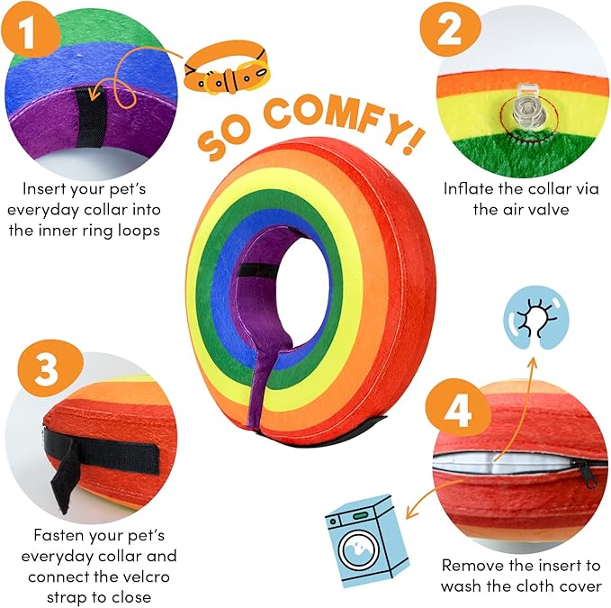 BENCMATE Inflatable Dog Cone Collar Alternative, Soft Dog Cone for Small Medium Large Dogs and Cats, Neck Recovery ECollar Donut Collar After Surgery (Large, Rainbow)-PawvioPets
