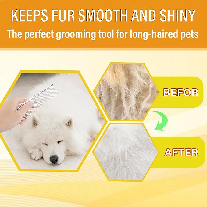 Dog Comb and Cat Combs Stainless Steel Teeth, Grooming Tool for Long & Short Hair, Dematting Comb for Dogs, Removes Tangles & Knots (Small and Large Silver)-PawvioPets