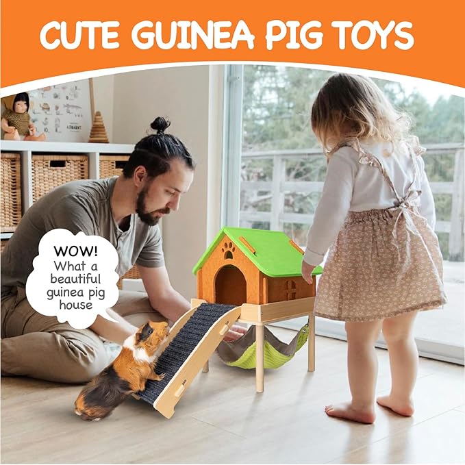3 in 1 Enlarged Guinea Pig Hammock with House & Platform,Wooden Guinea Pig Hideout with Hammock & Stairs Small Animal Toys for Hiding Sleeping Activities-PawvioPets
