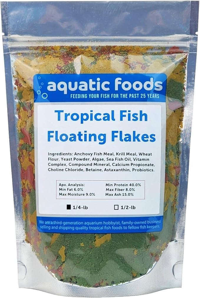 Aquatic Foods Inc. Tropical Fish Flakes, Mix of Krill, Color Enhancing, Spirulina Flakes for Cichlids, Angels, Tetras, Guppies. 12-Type Pellet Mix & 4-Type Wafers Included...WL 1/4-lb Foil Bag-PawvioPets