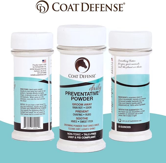 Coat Defense Daily Preventative Powder for Horses - Safe & Effective Equine Sweet Itch, Skin Funk, Scratches, & Rain Rot Treatment - Dry Shampoo for Horses, 8 oz Formula with All Natural Ingredients-PawvioPets