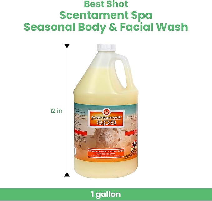 Best Shot Scentament Spa Seasonal Body and Facial Wash, Tearless Shampoo, Hypoallergenic Body Wash, Removes Tear Stains, Exotic Island, 1 Gallon-PawvioPets