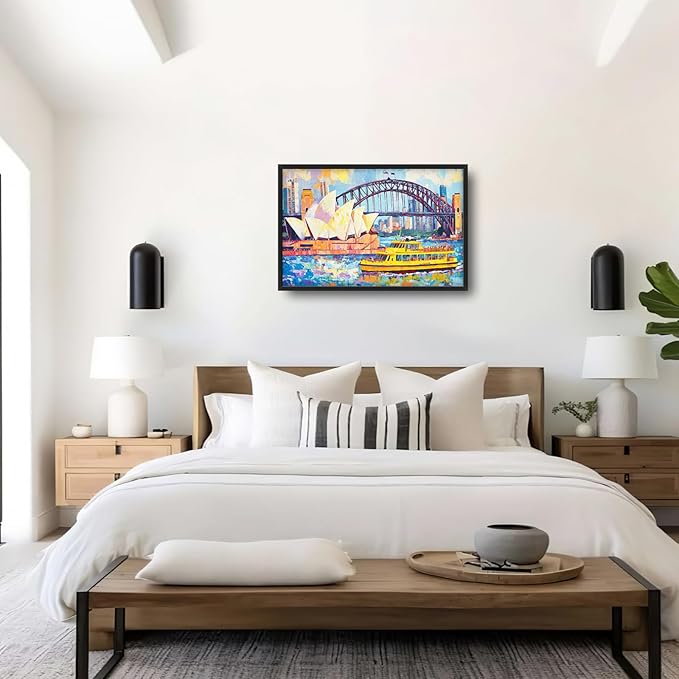 Extra Large Sydney Opera House Framed Wall Art for Living Room,Oversized Abstract Harbour Bridge Cityscape Pictures Wall Decor,Canvas Print Painting Modern Artwork Bedroom Office Bathroom 36L" x 24W"-PawvioPets