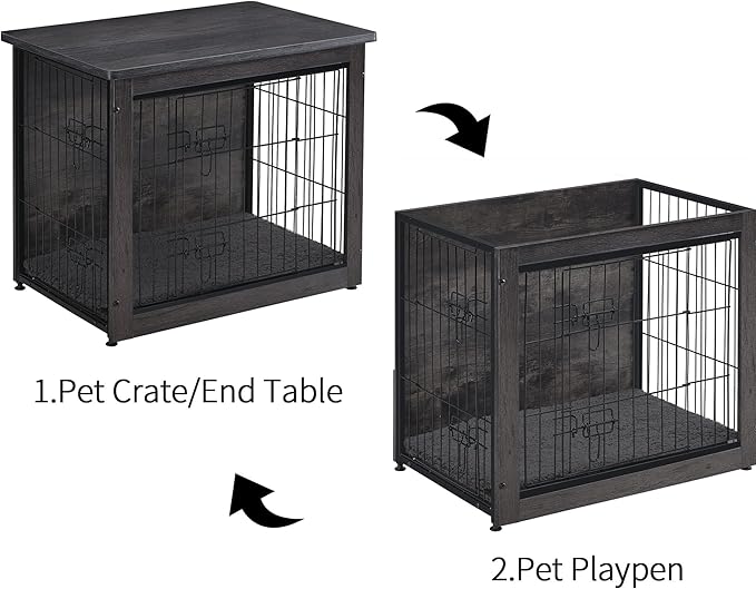 DWANTON Dog Crate Furniture with Cushion, Wooden Kennel Table with Double Doors, Indoor Dog House, Medium Size, 32.5" L, Dark Gray-PawvioPets