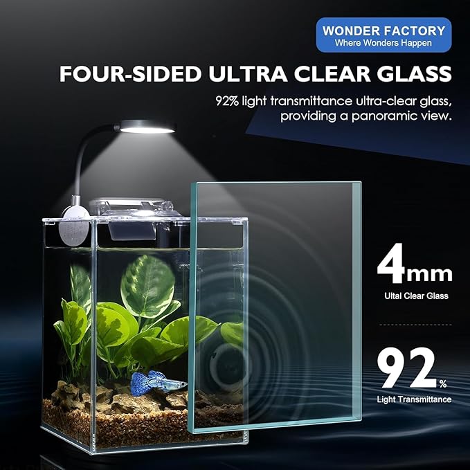 Desktop Glass Fish Tank 1.25 Gallons Small Aquarium Set, Self Cleaning Filter System Bright LED Light Gravel Plant Cleaning Tool, Betta Small Space Kit Easy Setup Space Saving Design-PawvioPets