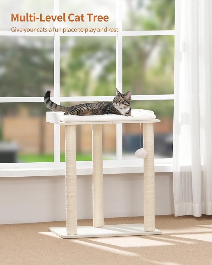 FourFurPets 26.7in Large Cat Tree Tower Condo, Cat Scratch Posts for Indoor Cats, Big Plate, Three 23.6in Full Sisal Scratching Posts, White-PawvioPets