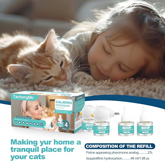 Cat Calming Diffuser, Cat Pheromones Calming Diffuser with 2 Diffuser + 4 Refill 48ml, 6-in-1 Cat Anxiety Relief Cat Pheromone Diffuser Kit 120 Days, Pheromone Diffuser to Calm Cats-PawvioPets
