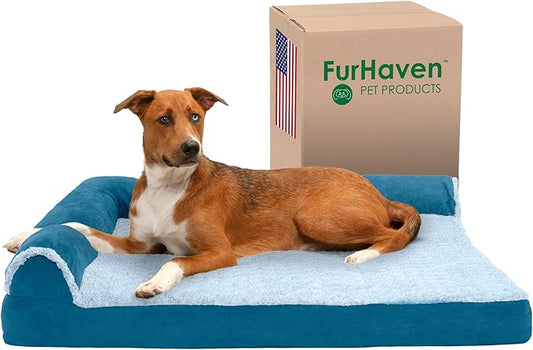 Furhaven Cooling Gel Dog Bed for Large Dogs w/ Removable Bolsters & Washable Cover, For Dogs Up to 95 lbs - Two-Tone Plush Faux Fur & Suede L Shaped Chaise - Marine Blue, Jumbo/XL-PawvioPets