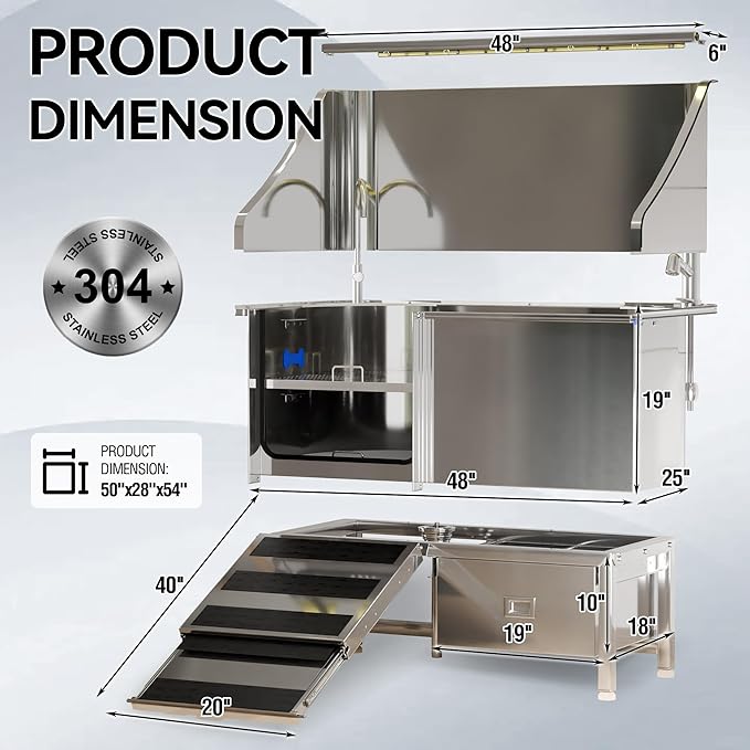 50'' Dog Washing Station - 304 Stainless Steel, LED Dog Bathing Station with Ramp, 2 Drawer, Floor Grate & Lick Pad for Large, Medium & Small Dogs-PawvioPets