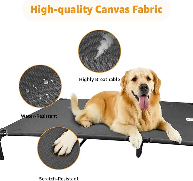 Canvas Elevated Dog Bed, Durable Chew Proof Outdoor Raised Pet Cot for Extra Large Dogs, Waterproof, Breathable, Portable, Washable, Easy Assembly, Sturdy Frame for Camping & Travel, Dark Grey-PawvioPets
