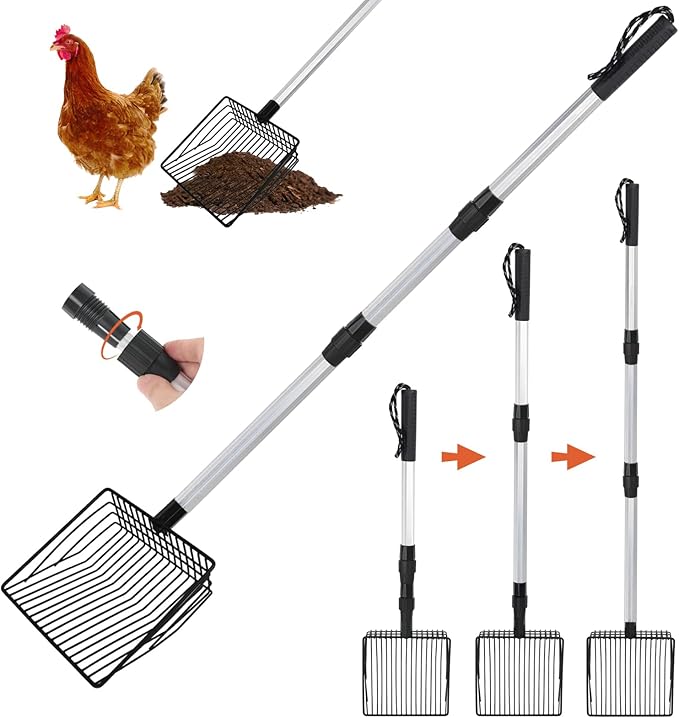 Esmorah Chicken Poop Scooper for Sand & Coop Cleaning - Sifting Shovel with 22"-40" Adjustable Handle, 3 Lengths Heavy Duty Stainless Steel Sifter-PawvioPets