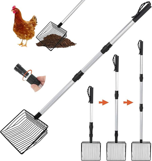 Esmorah Chicken Poop Scooper for Sand & Coop Cleaning - Sifting Shovel with 22"-40" Adjustable Handle, 3 Lengths Heavy Duty Stainless Steel Sifter-PawvioPets