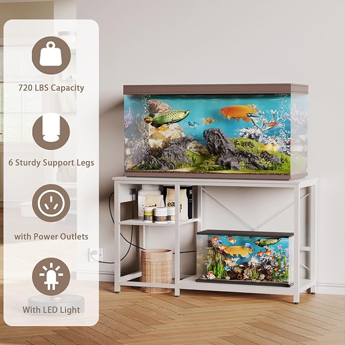 50-75 Gallon Fish Tank Stand with Power Outlet & LED Light, Metal Aquarium Stand with 3 Tier Adjustable Storage Shelves, Tank Stand for Reptile Tank, Turtle Tank, 52" L*19.5" W, White-PawvioPets