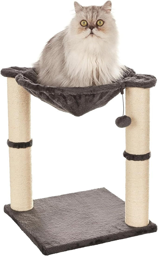 Amazon Basics Cat Condo Tower with Hammock Bed and Scratching Post,Easy to Assemble,Plush Hammock,Interactive Hanging Ball, Durable Sisal Scratch Posts for Indoor Cats, 15.8 x 15.8 x 19.7 Inches, Gray-PawvioPets