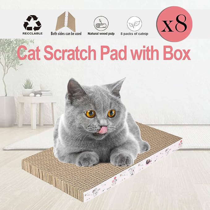 8 Packs in 1 Cat Scratch Pad, Cat Scratcher Cardboard,Reversible,Durable Recyclable Cardboard, Premium Scratch, Suitable for Cats to Rest, Grind Claws and Play-PawvioPets