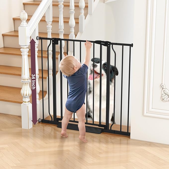 34" Extra Tall Baby Gate for Stairs, Auto Close Stroller Friendly Dog Gate Indoor for Doorways, Pressure Mounted 29"-40" W Baby Gate, Easy Walk Through Gate for Children & Pets, Black-PawvioPets