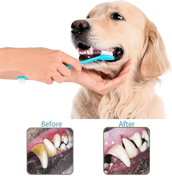 Dog Toothbrush, Finger Toothbrushes, 360 Degree Toothbrush, Triple Head Dog Toothbrushes, Double Head Toothbrush,Cleaning Brushes for Dog Cat Oral Dental Health (Blue, L)-PawvioPets
