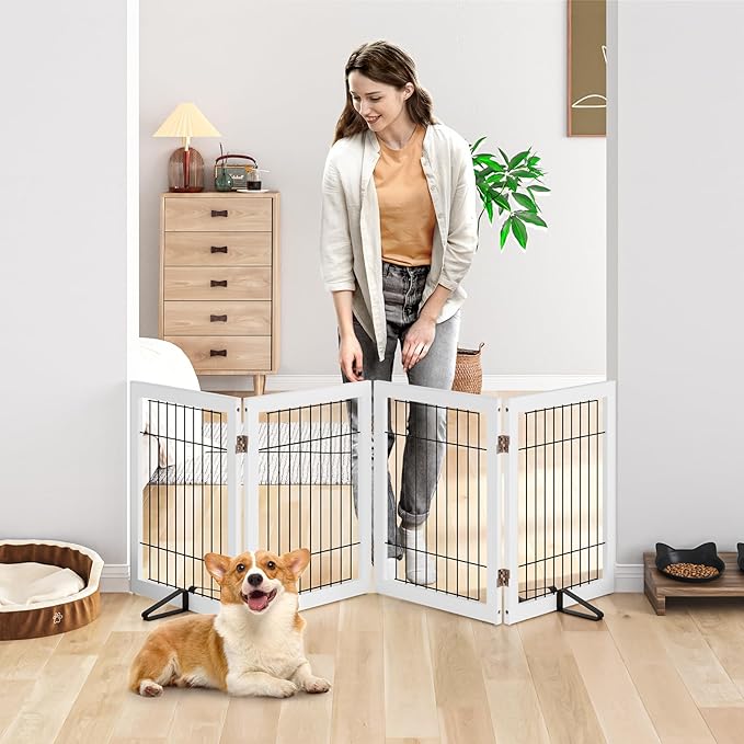 Dog Gate Indoor, Metal Dog Gates for Doorways House, 24-Inch Freestanding Pet Gates for Dogs, Puppy Fence (4 Panel, White)-PawvioPets