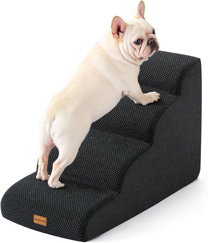 Gardner Pet Dog Stairs for Small Dogs 19.7" H, 4-Step Black Curved Pet Stairs, Dog Steps for High Bed (18-24 in), Couch with Durable Non-Slip Waterproof Fabric Cover and CertiPUR-US Certified Foam-PawvioPets