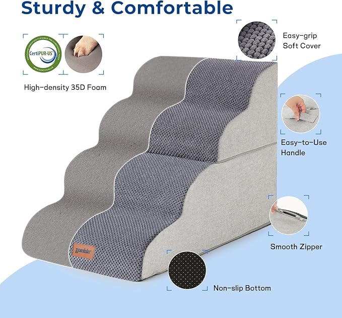 Dog Stairs Ramp for Bed 19.7" H - Pet Stairs for Small to Medium Dogs to Get on Bed and Couch, 35D Foam Dog Steps with Non-Slip Bottom Grey, 4 Steps-PawvioPets