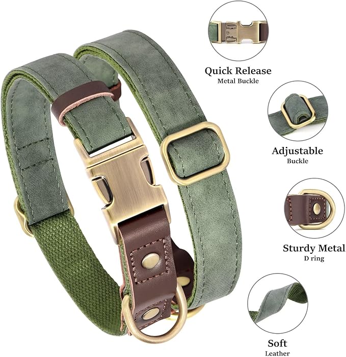 Didog Soft PU Leather Dog Collars for Medium Dogs,Classic Adjustable Dog Collars with Quick Release Metal Buckle,Easy Clean and Comfortable with Nylon Lining,Green,M Neck 13-19"-PawvioPets