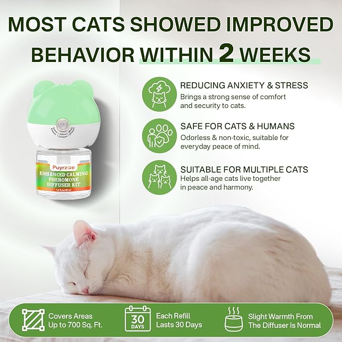 Cat Calming Diffuser with Three Timing Functions, 3-in-1 Cat Pheromones Calming Diffuser Kit, 60-Day Anxiety Relief, Stress Reduction & Relaxation for All Cats (1 Diffuser + 2 Refills)-PawvioPets