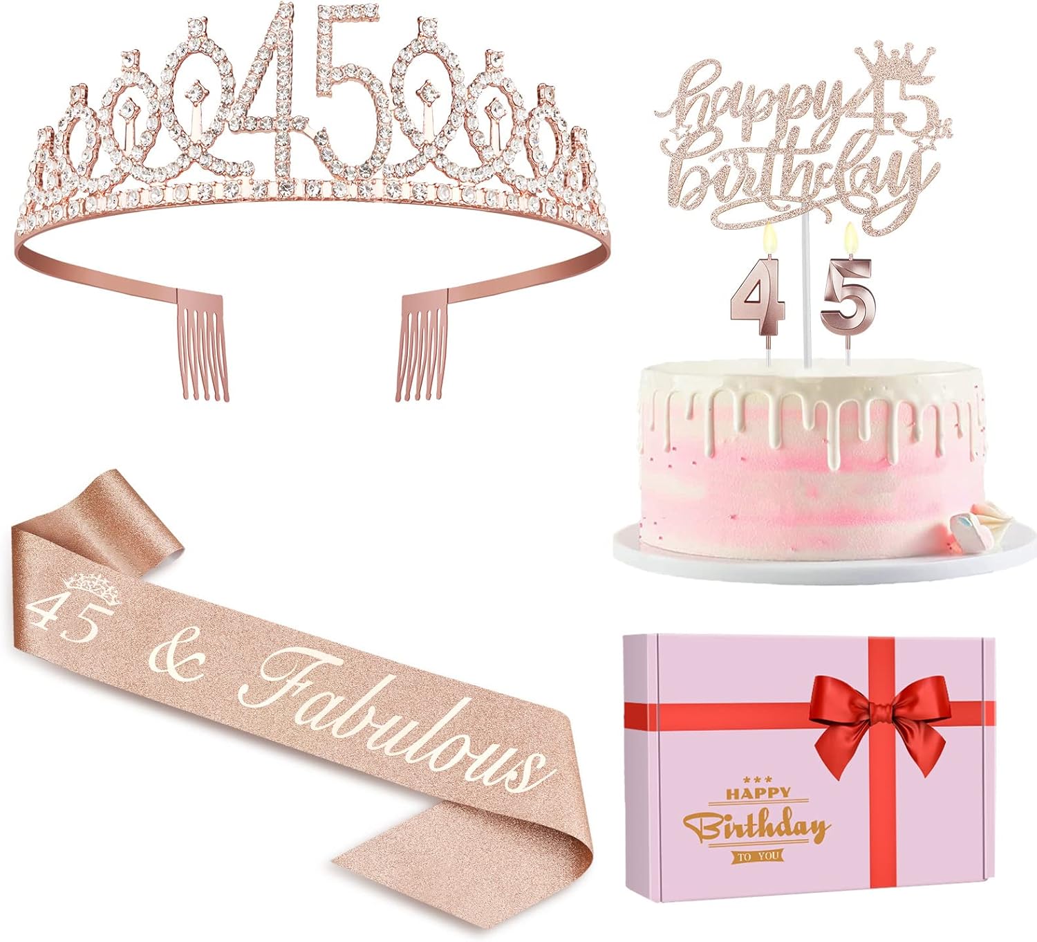45 Birthday Decorations for Women Including Birthday Sash and Tiara, Cake Topper and Candles, 45 Year Old Gifts for Women, Rose Gold Party Decor Supplies