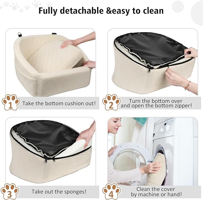 Dog Car Seat for Small Medium Dogs,Detachable Washable Dog Booster Seat Under 30lbs, Pet Car Seat Travel Bed with Storage Pockets and Dog Safety Belt (White)-PawvioPets