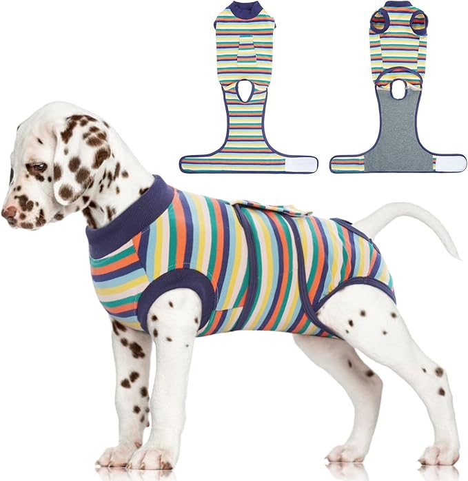 FUAMEY Recovery Suit for Dogs After Surgery,Soft Breathable Dog Bodysuit E-Collar & Cone Alternative Surgical Suit,Male Female Dog Neuter Spay Suits Anti Licking Wounds Onesie Dark Blue Stripes XS-PawvioPets