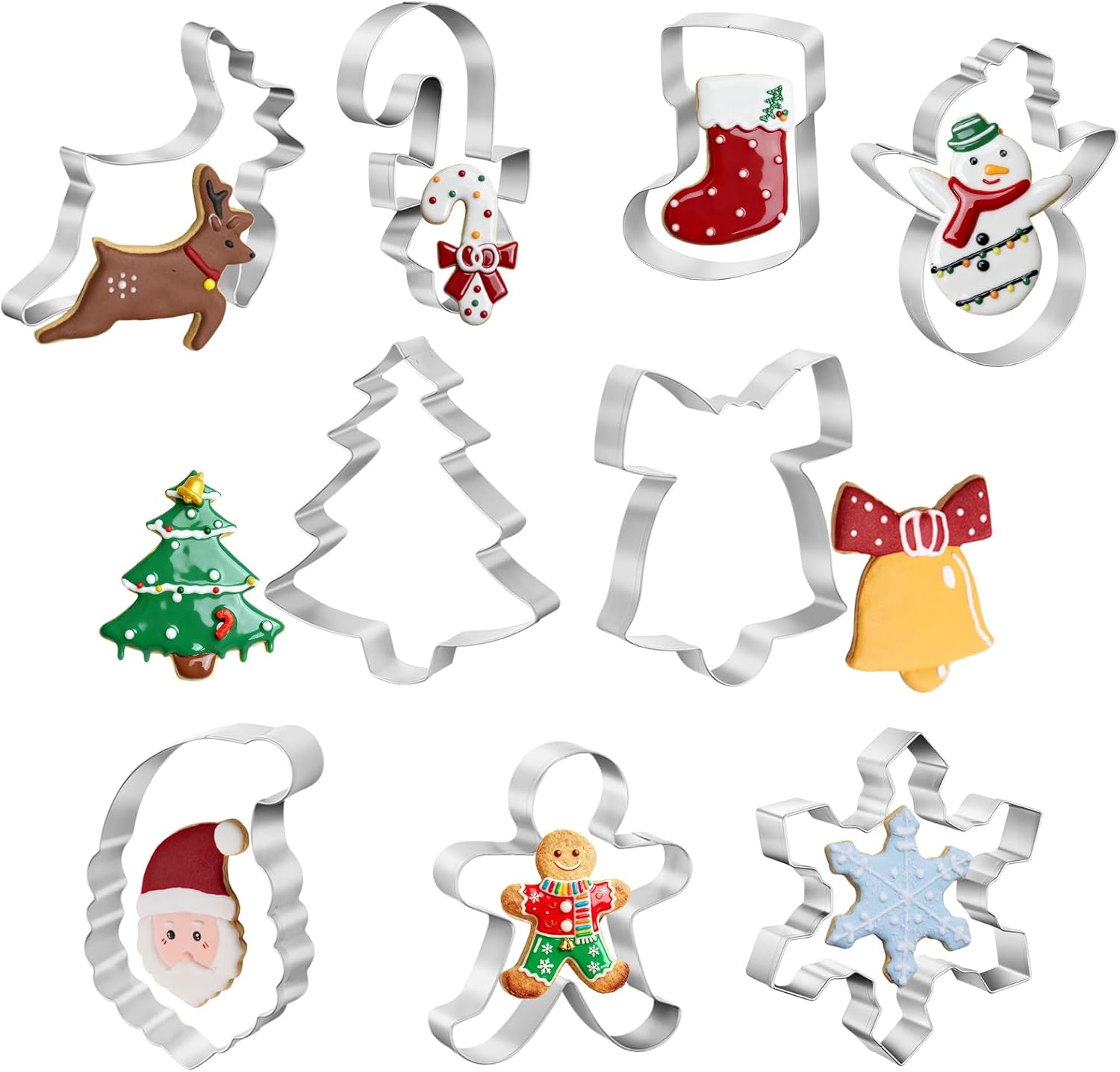 Christmas Cookie Cutters Set- 9 Piece Stainless Steel Winter Holiday Metal Shapes-Christmas tree, Snowman, Candy Cane, Bells, Snowflakes, Gingerbread Man, Reindeer, Socks,Santa Face Shapes