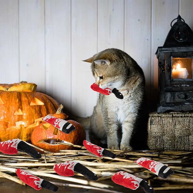 8pcs Catnip Toy, Indoor Knife Shaped Cat Toy Horror Plush Interactive Chew Bite Toys for Halloween Christmas Cat Kitten Indoor Festive Holiday Cat Lover Gift-PawvioPets