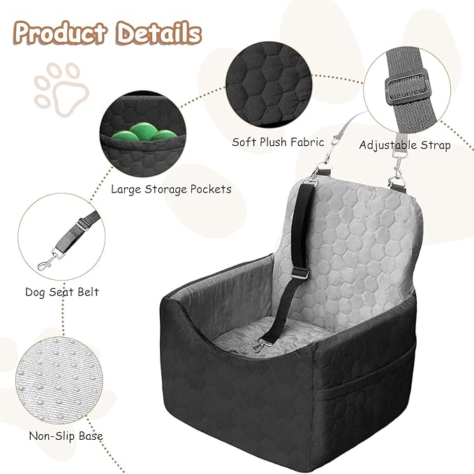 Dog Car Seat for Small/Medium Dogs - Dog Booster Seat with Safety Straps & Non-Slip Base, Travel Pet Car Seat with Storage Pockets, Washable & Removable, Suitable for Dogs Under 35 lbs (Black&Gray)-PawvioPets