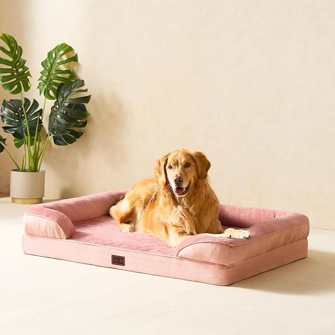 EHEYCIGA Orthopedic Dog Bed for Medium Dogs, Waterproof Memory Foam Medium Dog Beds with Sides, Non-Slip Bottom and Egg-Crate Foam Pet Couch Bed with Washable Removable Cover, Dusty Pink-PawvioPets