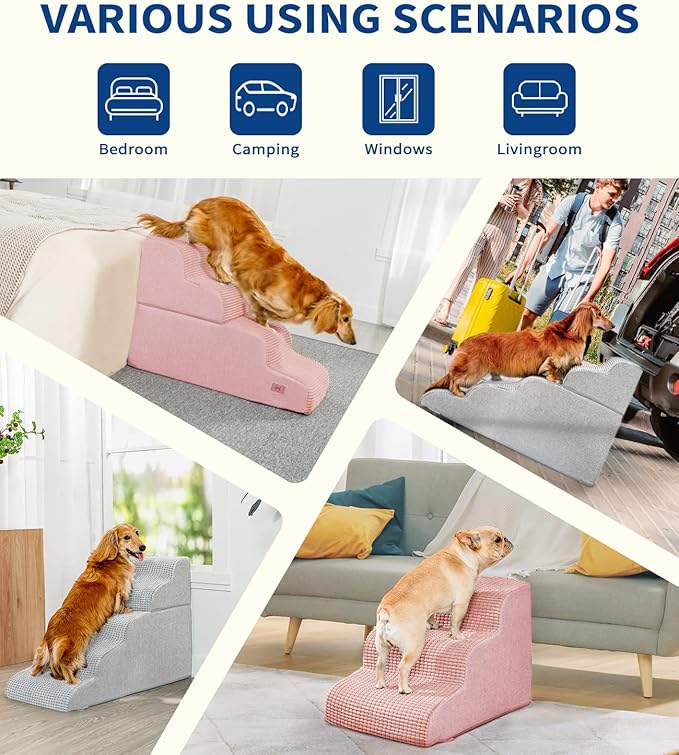 Dog Step for Bed, Dog Stair 3-Step 35D Pet Stair 15.7" H for High Bed or Sofa Non-Slip Balanced Pet Step Indoor, Light Grey-PawvioPets