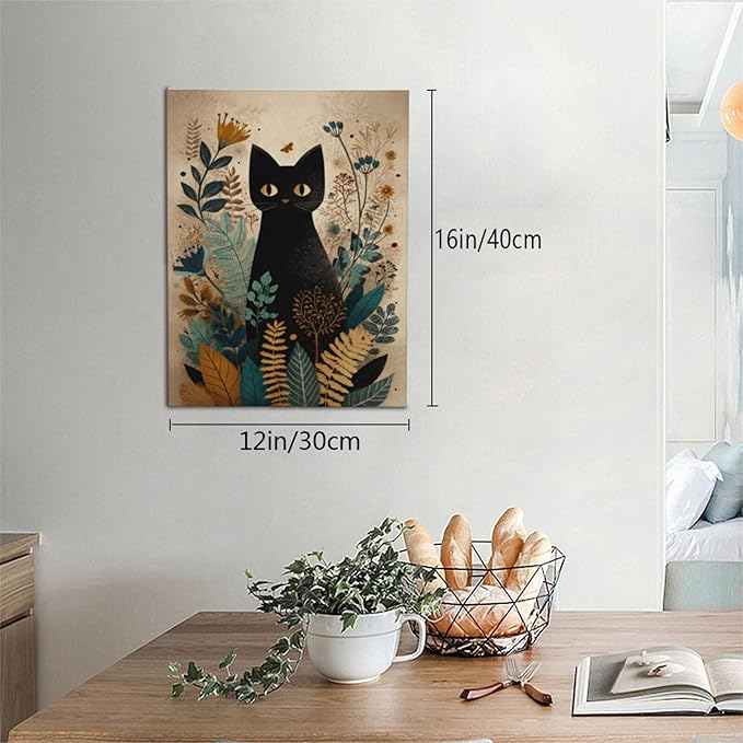 Boho Black Cat Wall Art Kitten Botanical Wall Decor Mid Century Modern Canvas Painting Print Minimalist Pictures Artwork Framed Decorations Gifts for Cat Lover Bathroom Nursery Living Room Bedroom Kitchen 12"x16"-PawvioPets
