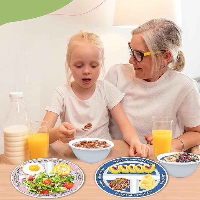 4 Pcs Portion Control Plates & Bowls Set (2 Plates + 2 Bowls, 9 Inch) - Self-Measuring for Weight Loss, Gastric Bypass, LapBand, Diabetes & Healthy Diets, Pink & Blue, for Adults & Children-PawvioPets