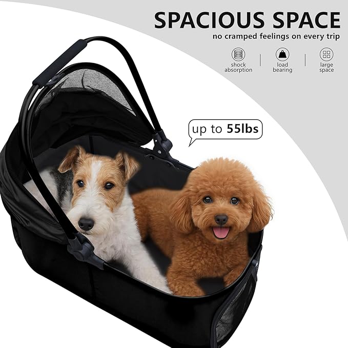 Dog Cat Stroller, Foldable 4 Wheels Dog Stroller for Small Medium Dogs 20 lbs,Pet Strollers for Large Dogs 50lbs, Stable Anti-Shock Detachble Carrier,with 360°Swiveling Front Wheel forTravel-PawvioPets